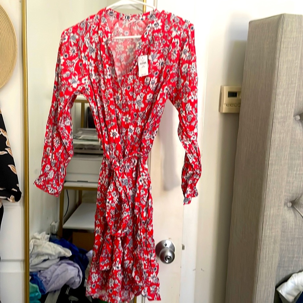 NWT coral/red Gap ladies long sleeve flower print flowy dress XSMALL PETITE